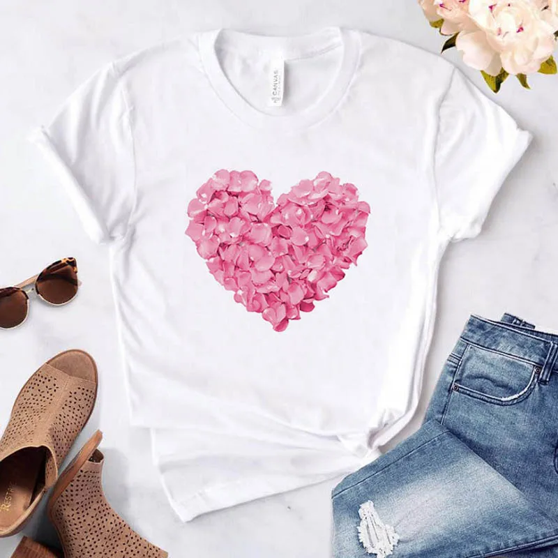

Fashion Clothes Pink Love Heart Print Women T shirt Casual Short Sleeve Female Cool Tshirt O-neck T-shirt tee shirts