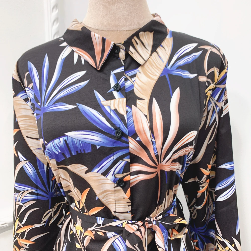 

Dubai Casual Fashion Floral Printed Long Dress Arab Jilbab Turkish Muslim Women Abaya Single Breast Belt Auutmn Dress Ramadan