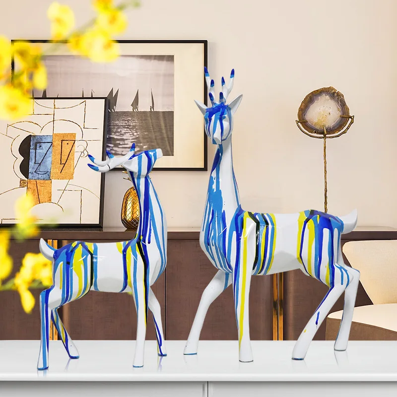 

2021 New Modern Geometric Flowing Color Deer Art Sculpture Abstract Animal Statue Resin Craft Home Decor Accessories