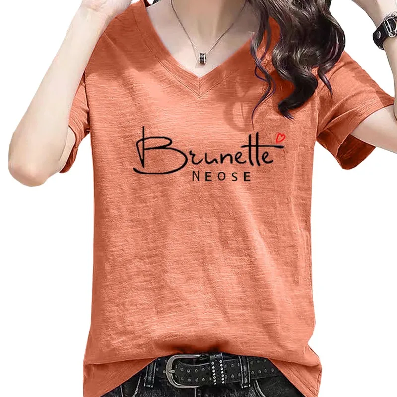 

ZuoLunOuBa Summer V-neck Fashion Women T Shirt Slub Cotton Loose Short Sleeve Letter Print Orange Wild Lady Tees Tops Female