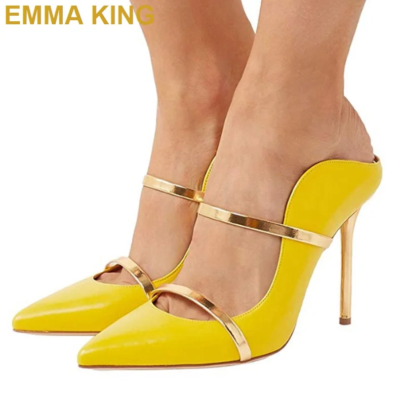 Женские босоножки с золотыми ремешками Летние на высоком каблуке острым носком