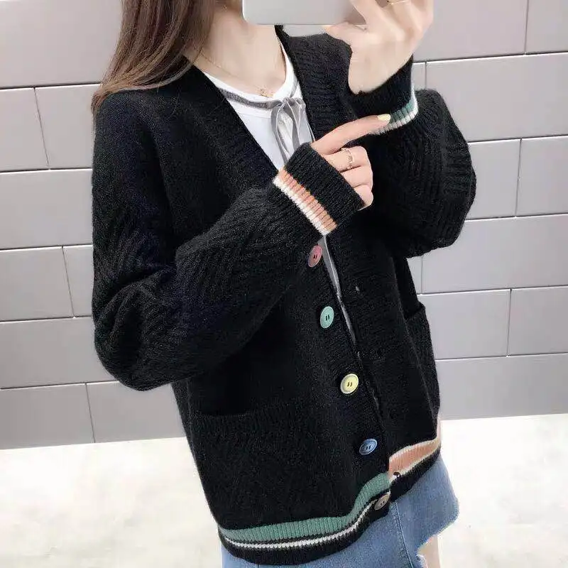 H han queen Single-breasted Jacket Knitted Cardigan Sweater Women Autumn Clothing Sweater Pocket Cardigan for Female Coat