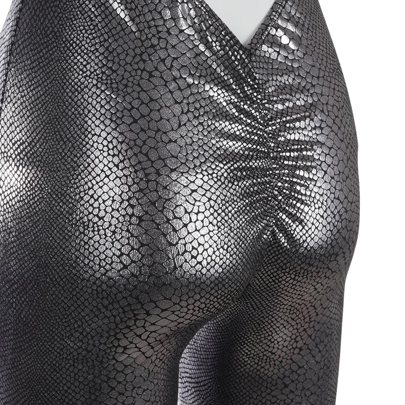 

Sexy Deep V Neck Serpentine print PU Leather Jumpsuit Women Elegant Backless Lace Up Bandage Bodycon Club Party Romper Jumpsuit