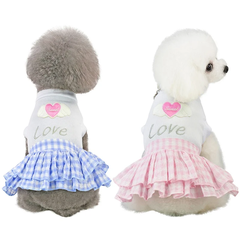 

New Pet Spring Summer Short Sleeves Skirt Small Medium Dogs Breathable Dress with Love Heart Pattern Plaid Short Princess Skirt