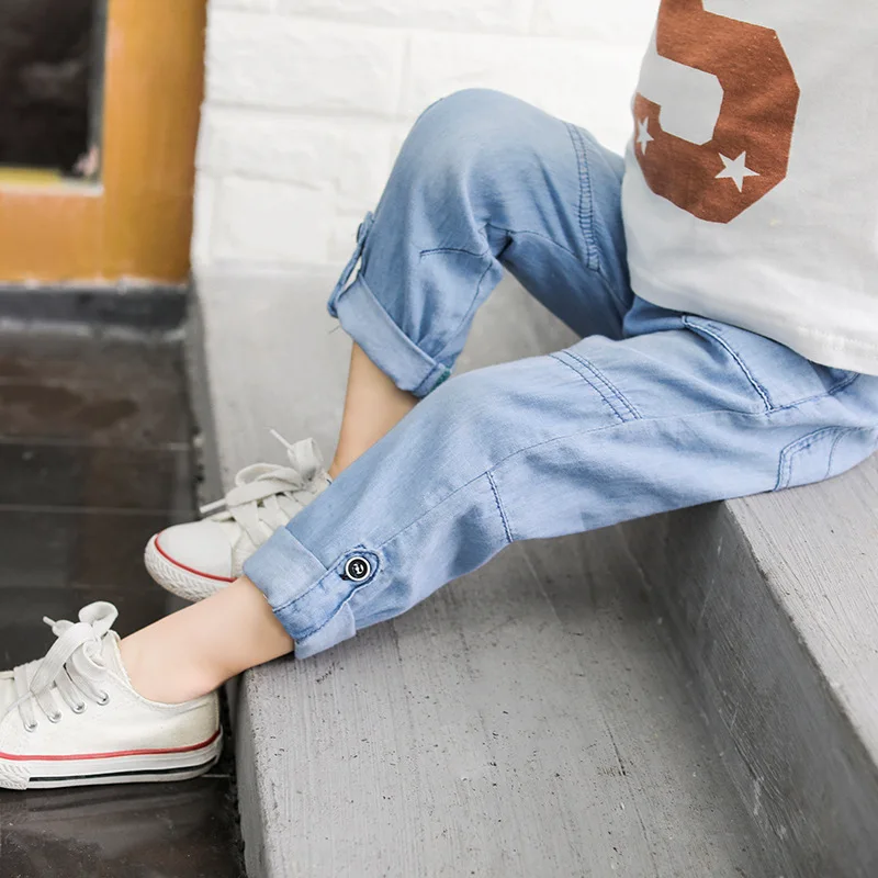 Детские джинсы для мальчиков и девочек стильные штаны весенне-летние хлопковые