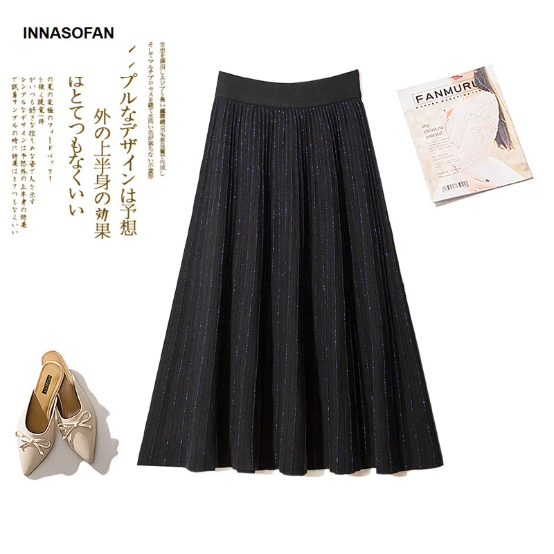 INNASOFAN женская трикотажная юбка Осень зима плиссированная блестящая с высокой