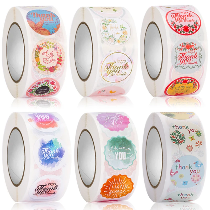 

500Pcs/Roll Background Flower Thank you Seal Sticker Colorful 2.5cm Size Label Sticker Adhesive Tags Stickers for Festival