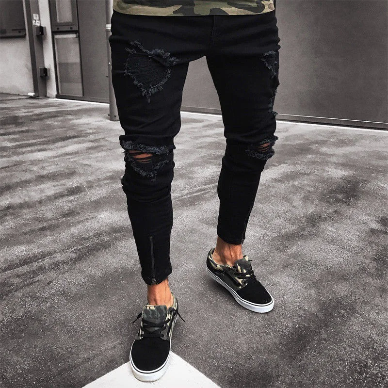 

Man Black Ripped Jeans Casual Skinny Destroyed Frayed Hop Hop Zipper Denim Pants Men Fashion Stretch High Waist Jeans