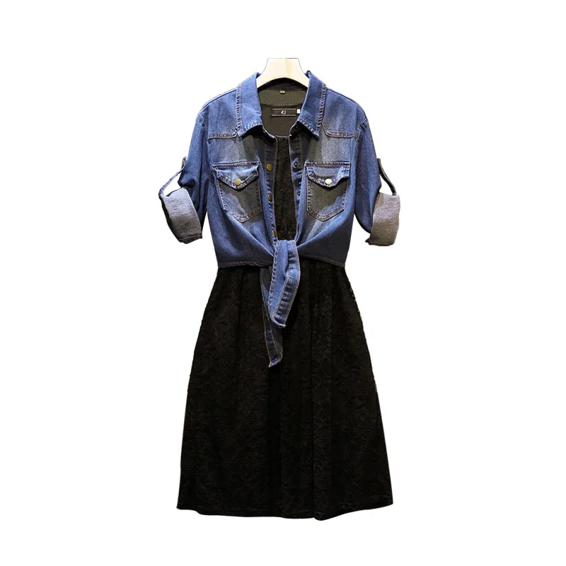 Женский джинсовый топ и черное платье размера плюс 5XL 2019 комплект из двух