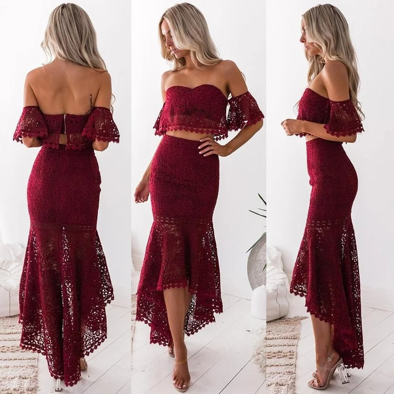 

New Navy Blue Sweetheart Suits Women High Waist Two Pieces Sets Sexy Crop Tops and Graduation Gown Lace A Line Homecoming Skirt