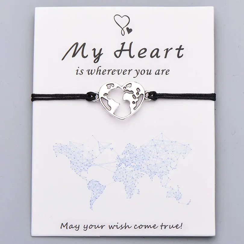black with card Pipitree Lucky My Heart карта мира браслет ручной работы регулируемая красная струна Очаровательные Браслеты Wish ювелирные изделия подарок для женщин мужчин влюбленных - Окраска металла: black with card