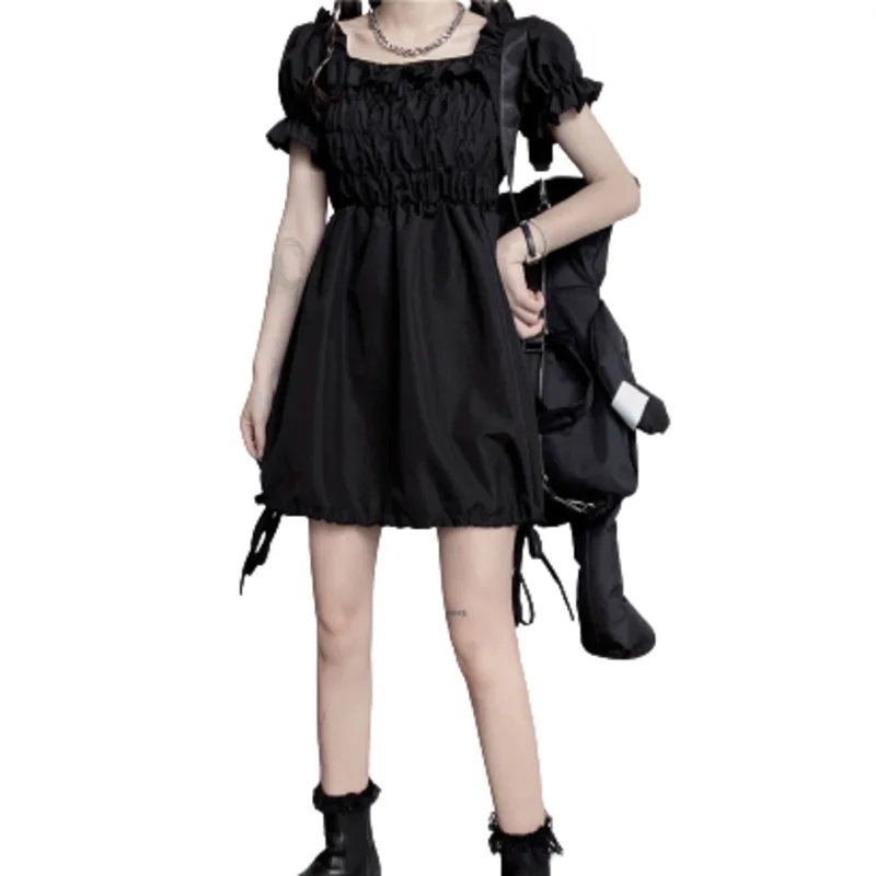 

Y Demo Summer Harajuku Short Sleeve Black Dress For Women Square Collar High Waist Mini Dresses Female 2021