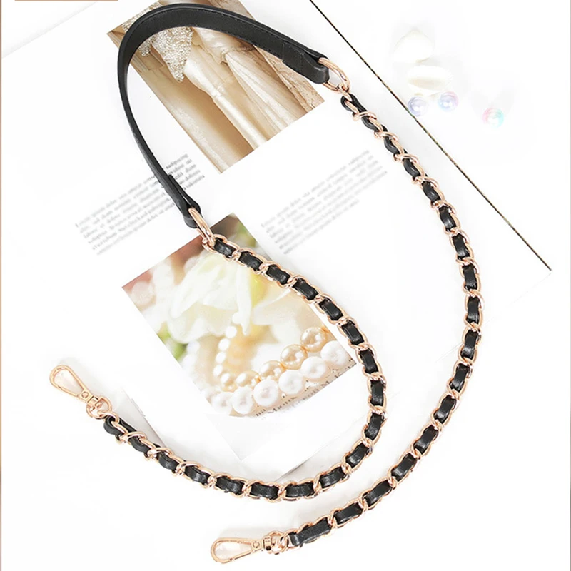 

100/120cm Bag Metal Chain Leather Bag Strap Fashion Exquisite Black Leather Chain Shoulder Straps Hardware Bag Accessories