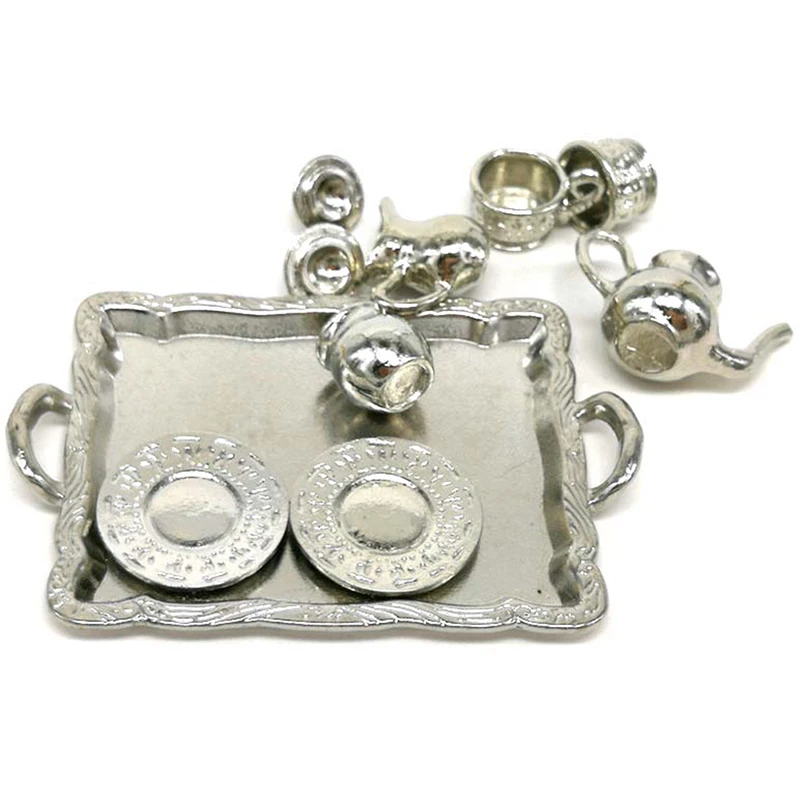 

10Pcs/set Doll House Miniature Metal Tea Doll House Furniture Miniature Dining Tableware Toy Teapot Cup Plate