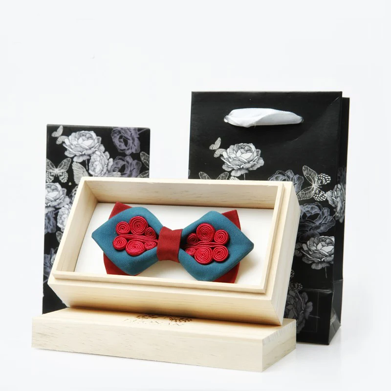 Мужской галстук бабочка темно синий винно красный в китайском стиле свадебный