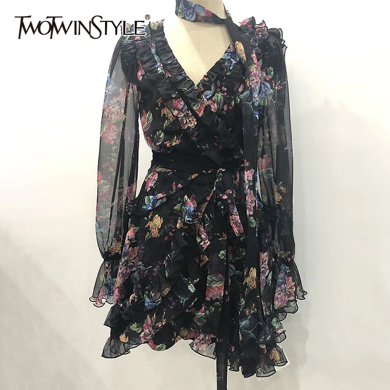 TWOTWINSTYLE винтажное мини-платье с принтом для женщин, v-образный вырез, рукав-клеш, высокая талия, оборки, бандажные платья для женщин, лето