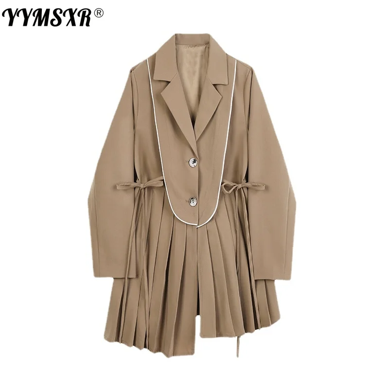 High Quality Women Long Suit Jacket 2022 New Autumn and Winter Solid Color Long-sleeved Ladies Irregular Pleated Blazer Dress
