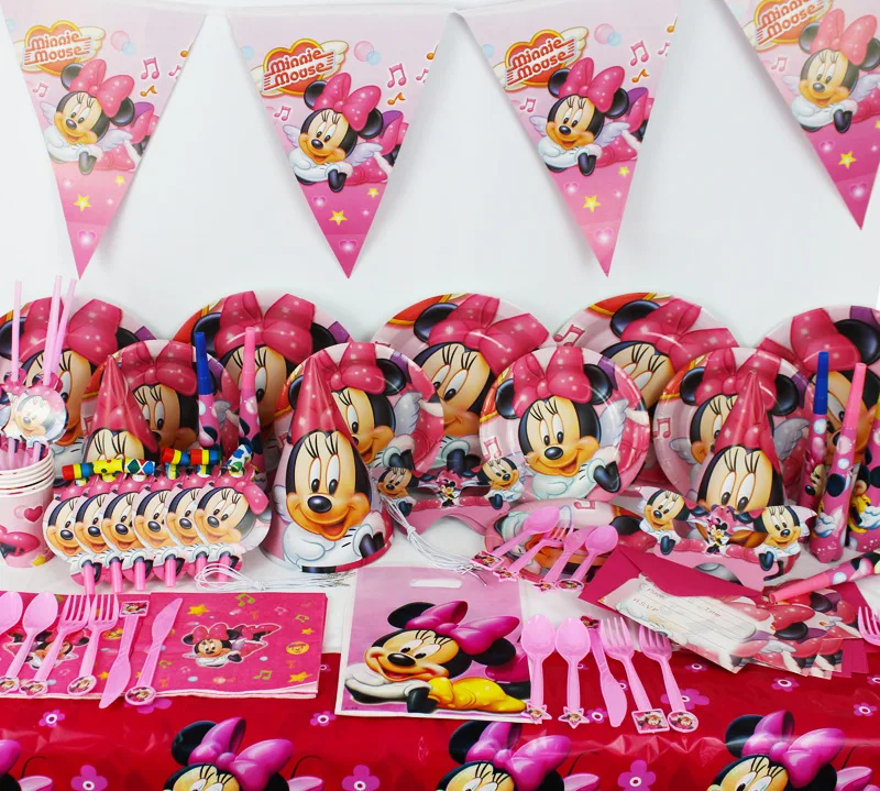 

Disney Minnie Mouse Girls Kids Party Decorations Disposable Tableware Set Cups Napkins Plate Straws Baby Birthday Party Supplies