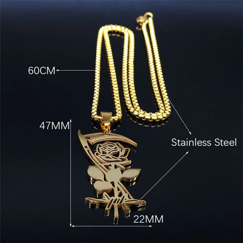 

Death Scythe Roses Stainless Steel Necklace Men/Women Gold Color Gothic Pendants Necklaces Jewery bijoux femme NXS03