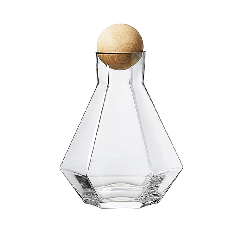 

Luxury Diamond Shape Glass Water Kettle with Natural Wood Ball Lid Clear Cold Water Jug Juice Beverage Pitcher Home Drinkware