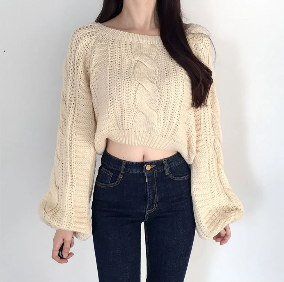 Neploe Pull Femme свободная короткая перекрестная вязка Топы Женские однотонные цветной фонарь свитер с длинными рукавами женские корейские модные новые уличные