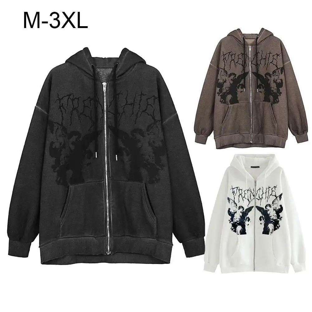 

M-3XL Zipper Y2K Ladies Fashion Street Loose Hooded Sweater Dark Printed Jacket Fleece Winter Jacket Streetwear Women Clothes