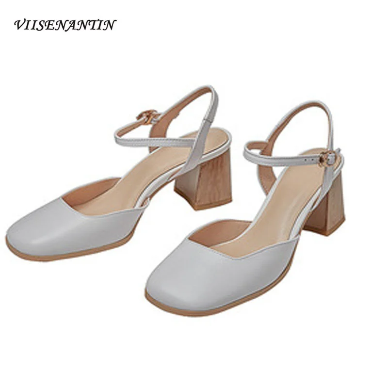 

Simple Retro Square Toe Thick with One-word Buckle High Heels Nude Color All-match Baotou Back Empty Sandals Mary Jane Shoes