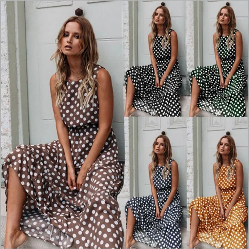 

LEOSOXS Summer Sexy O Neck Sleeveless Boho Polka Dot Print Maxi Dress 2020 Casual Empire Robe Ladies Party Long Dress Vestidos