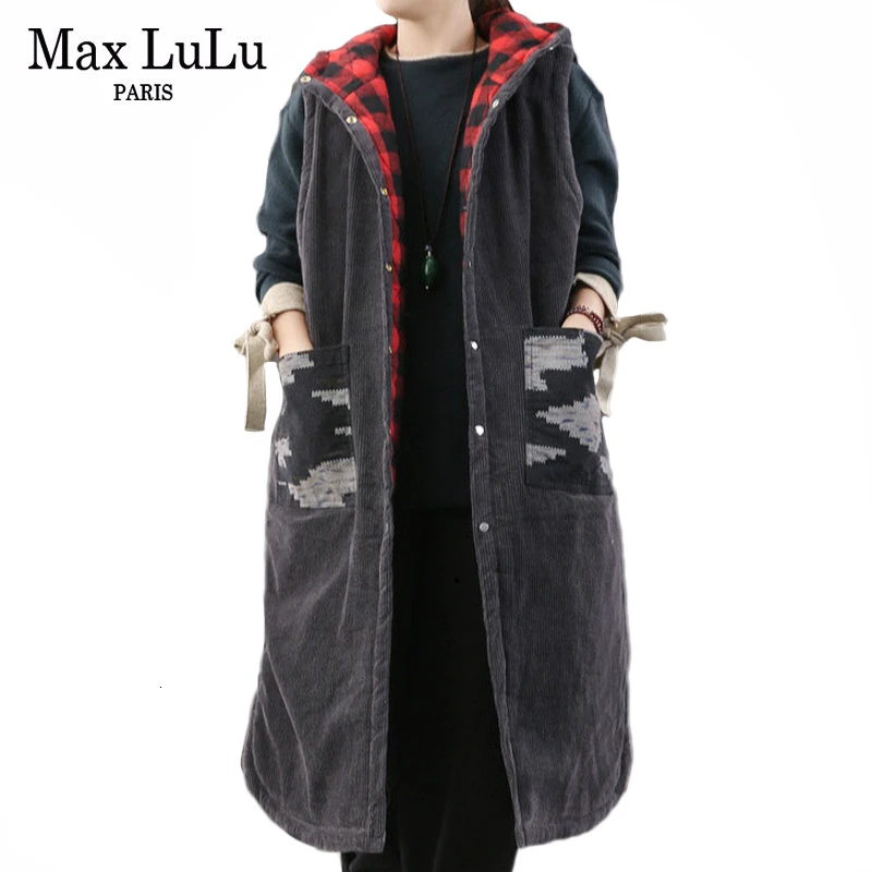 Женский клетчатый жилет Max LuLu повседневный вельветовый Длинный с капюшоном в