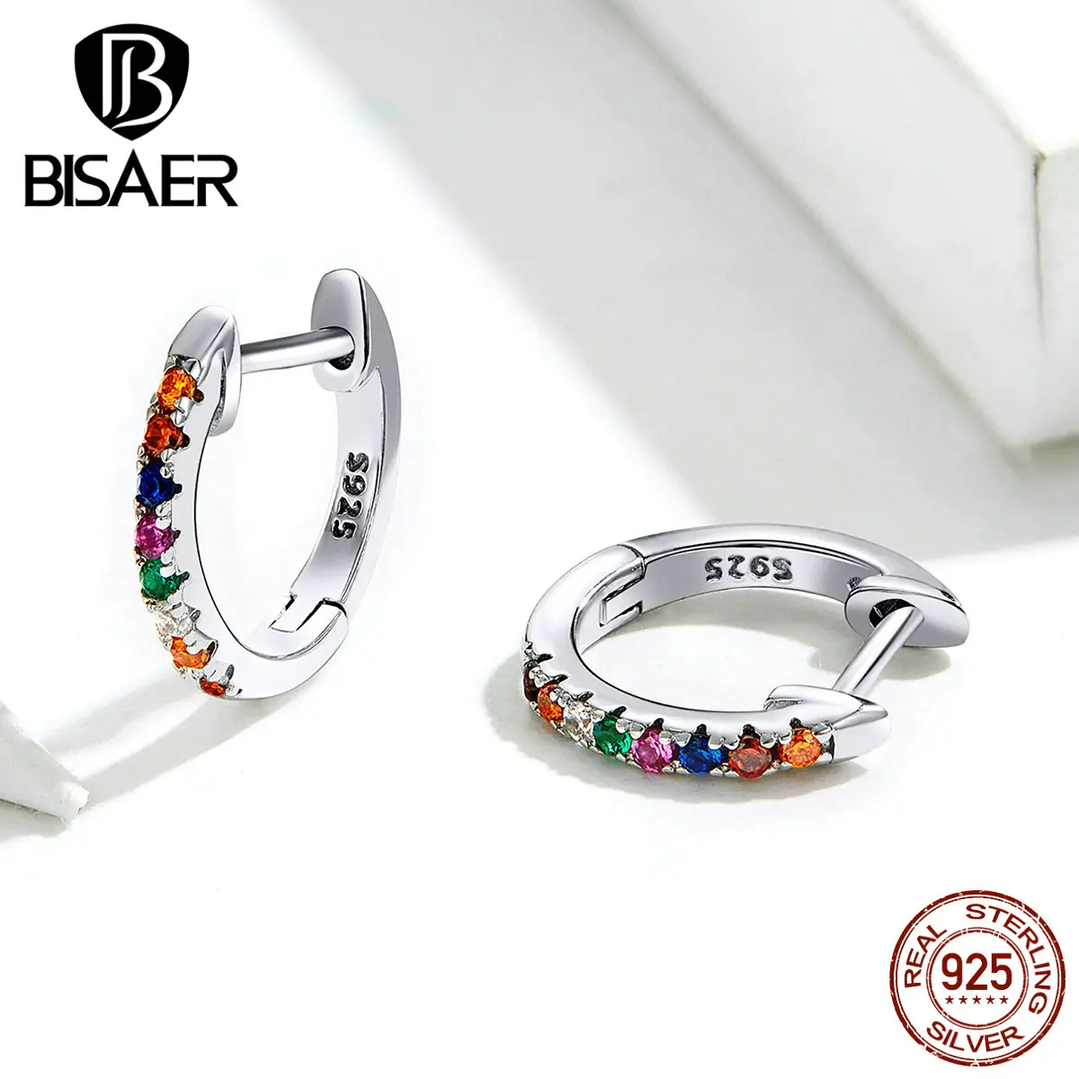 BISAER, серебряные серьги-гвоздики, 925 пробы, серебряные, прозрачные, CZ, цветные, циркониевые серьги-гвоздики для женщин, ювелирные изделия, подарки, HSE721