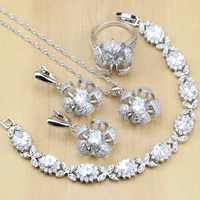 flower shaped silver 925 jewelry white cubic zirconia jewelry sets for women party earringspendantnecklaceringsbracelet
