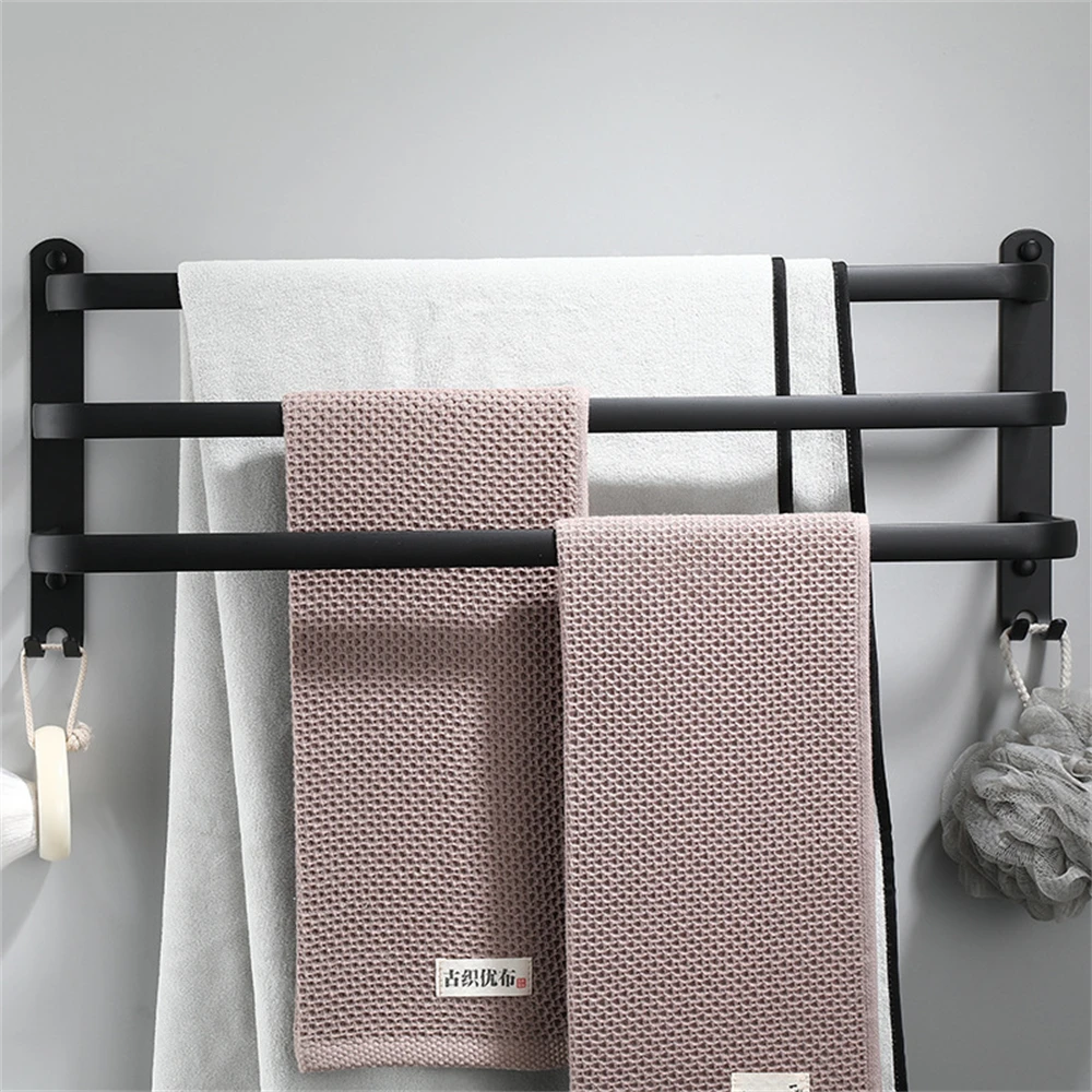

Black Towel Rack 3 layers 30CM-60CM Rail Aluminum Storage Shelf Matte Towel Holder Hanger Bathroom Accessories Hook Storage Rack