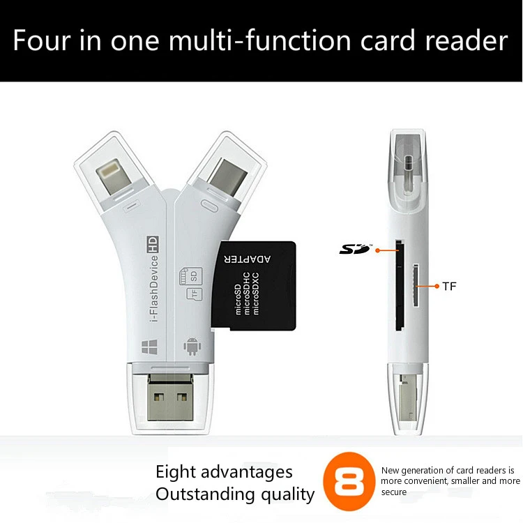 Кардридер 4 в 1 USB Type C Micro Lighting высокоскоростной Универсальный кардридер для Apple