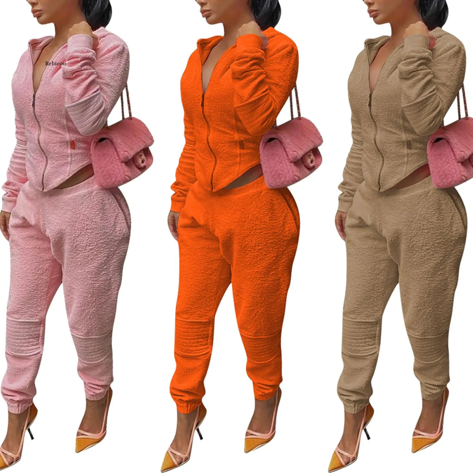 

Women's Velvet Top, Jogger Pants, Long Sleeve V-Collar Elastic Zipper Coat, Sports Middle Waist Loose Warm Trousers