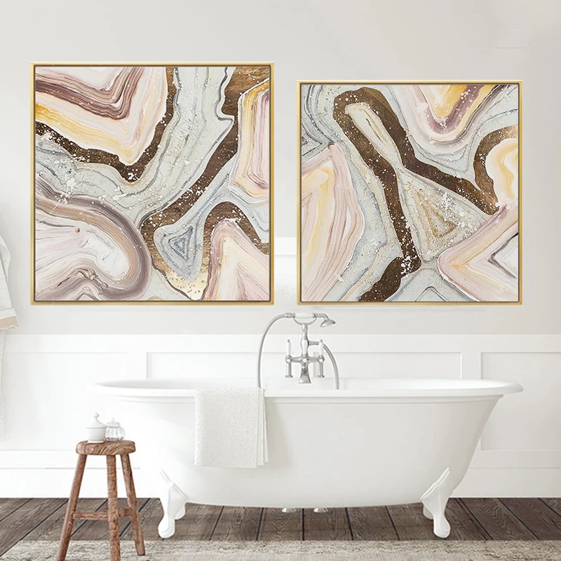 Абстрактные геометрические картины из голубого и коричневого мрамора на холсте