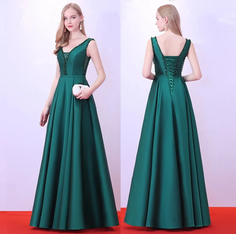 

Women's long evening dress plus size V neck satin formal prom event dress grey blue cocktail wedding party dress