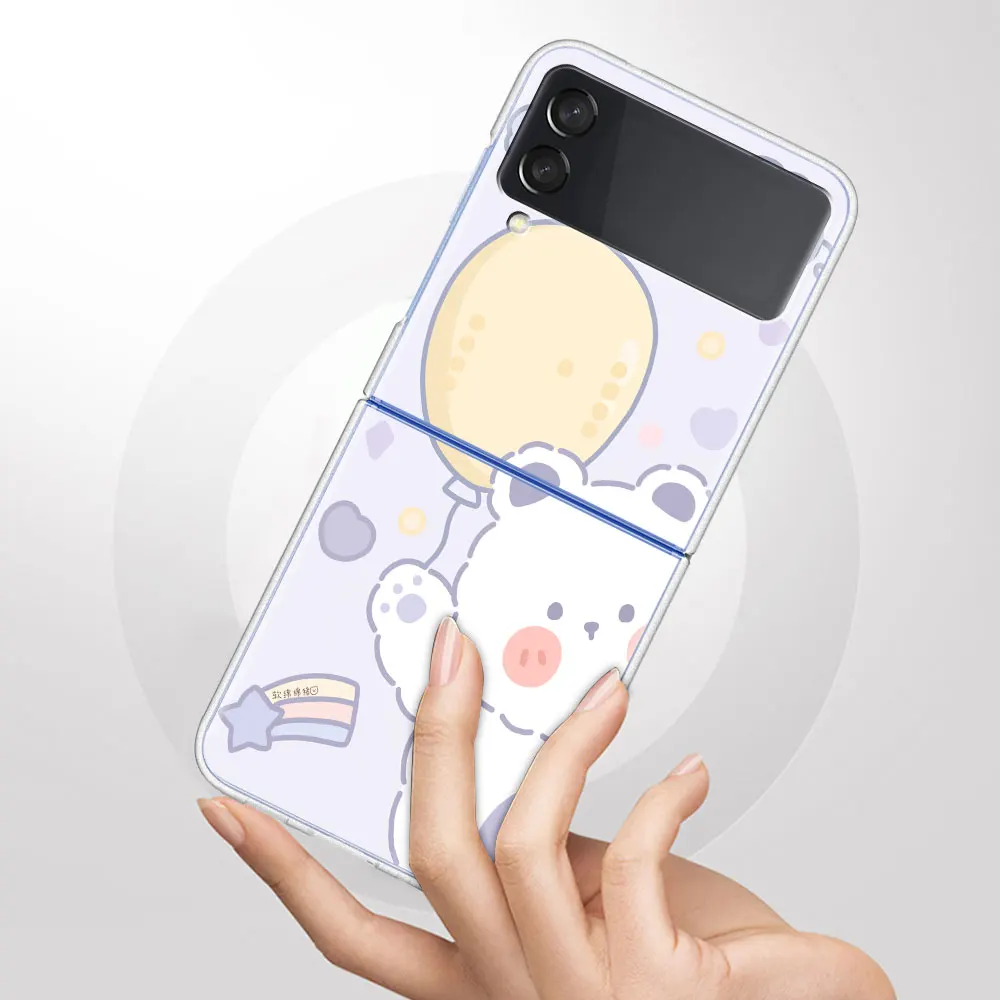 Case For Samsung Galaxy Z Flip 3 5G Transparent Hard Cell Phone Cover ZFlip3 Clear PC Luxury Fundas Cute Cartoon Rabbit