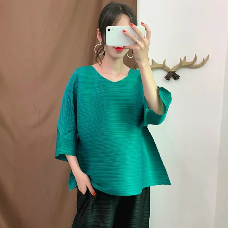 LANMREM синяя свободная плиссированная футболка с круглым вырезом и рукавом в семь