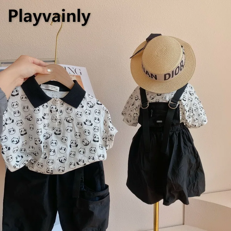 

2021 Summer Brother and Sister Suit panda printing Cotton Short Sleeve T-Shirt +overalls Shorts Outfits Clothes E100265