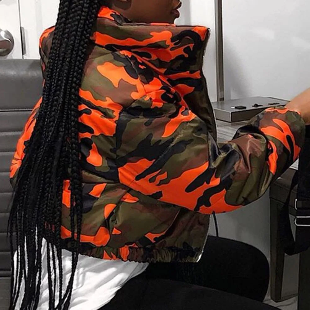 

2021 Autumn Winter Fashion Women's Camouflage Long Sleeve Zipper Cotton Padded Jacket Casual Europe America African Tight