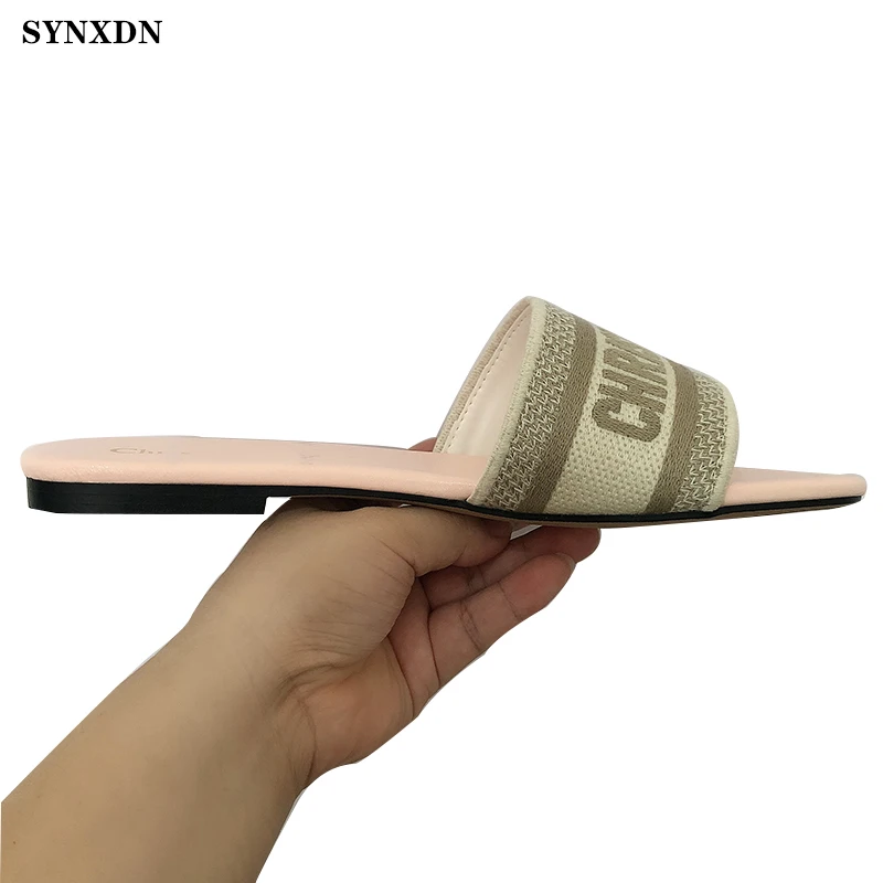 

2021 New Embroidery Genuine Leather Flat Summer Designer Slippers Luxury Brand Women Slides Comfortable Female Slaps Sandals