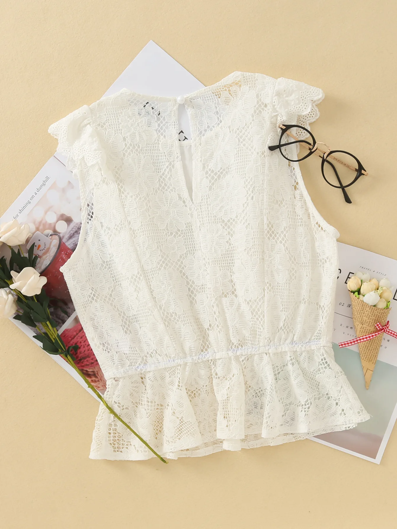 Топ женский кружевной в стиле бохо белый ажурный топ без рукавов на пуговицах с