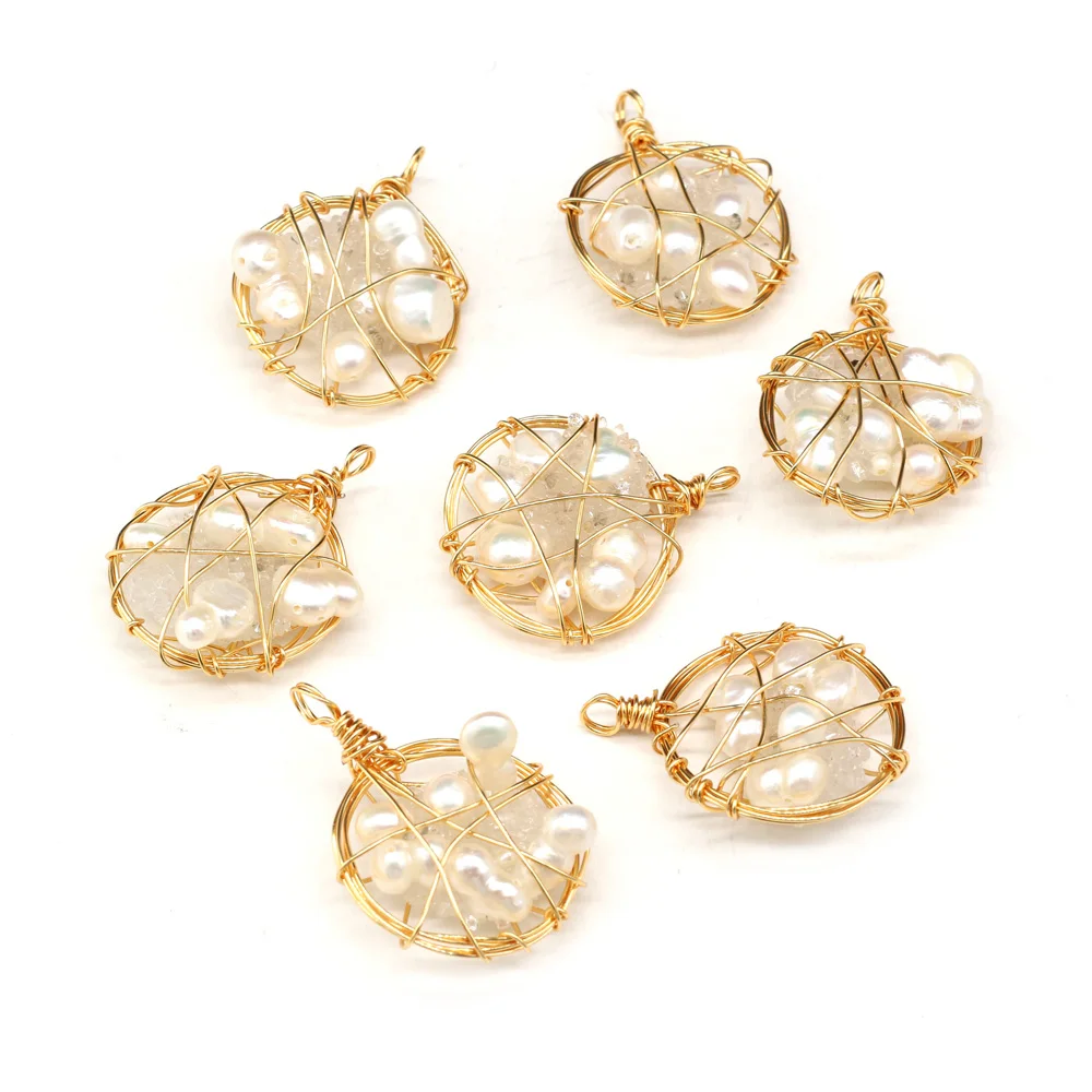 

Fashion Round Gold Color Wire Wrap Pearl Pendants Freshwater Pearl for Charms Jewelry Making DIY Necklace Earrings