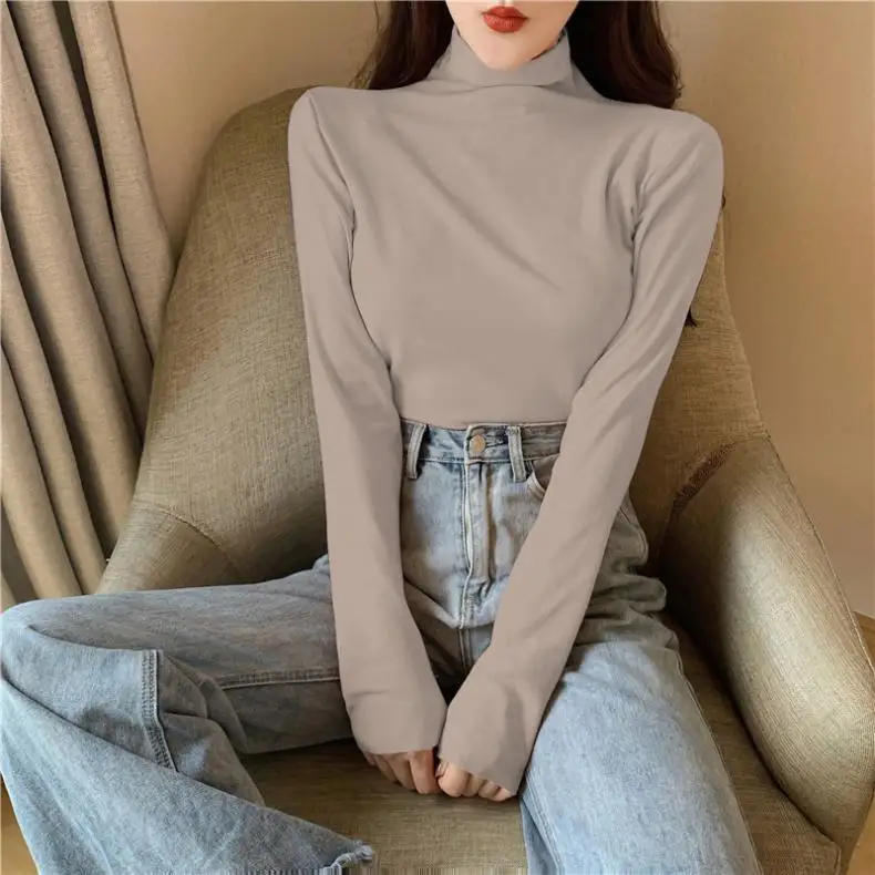 Базовая рубашка с высоким воротником облегающая тонкая футболка длинным рукавом