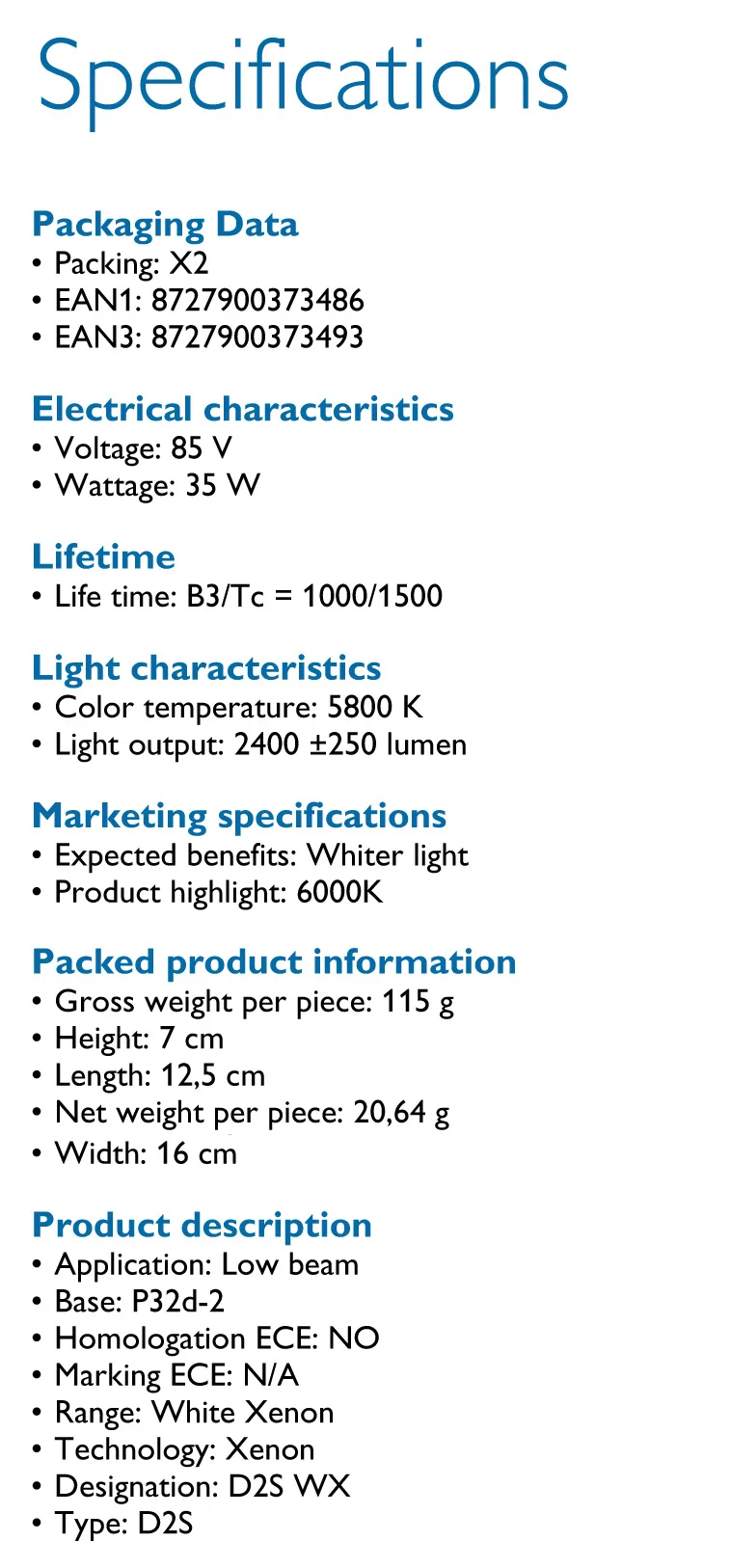 Philips D2S 85122W X 35W Xenon Ultinon HID 6000K холодный синий белый свет Авто обновление лампы Фары вспышка Быстрый старт, пара