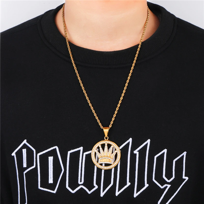 

HIP Hop Gold Color Stainless Steel Bling Iced Out Rope Chain Crown King Pendants & Necklaces for Men Jewelry