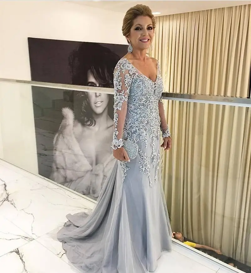 Серебряные формальные женские Вечерние Платья Vestidos De Fiesta Тюль с длинным рукавом