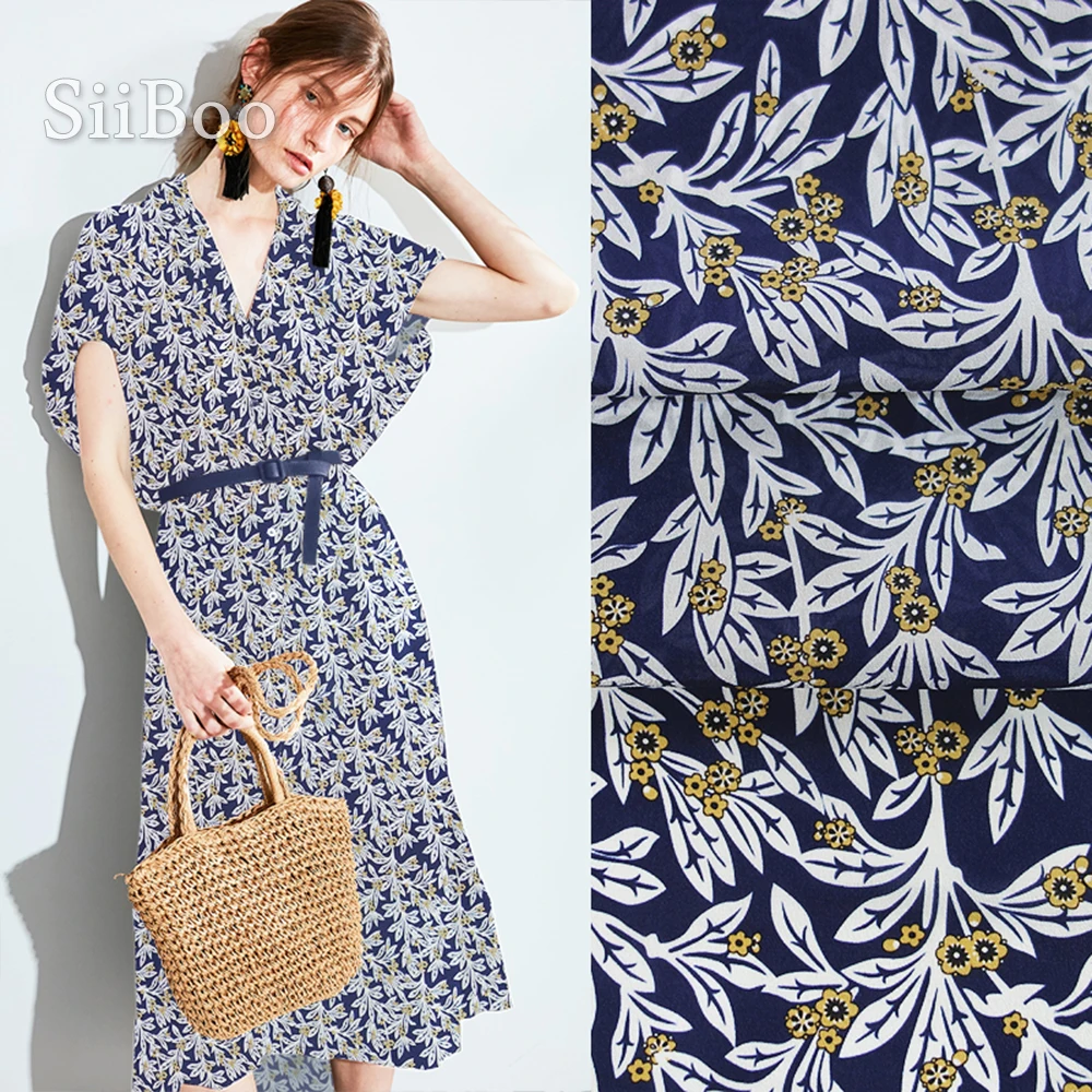 Итальянская винтажная темно-синяя шелковая ткань с цветочным принтом 12 мм