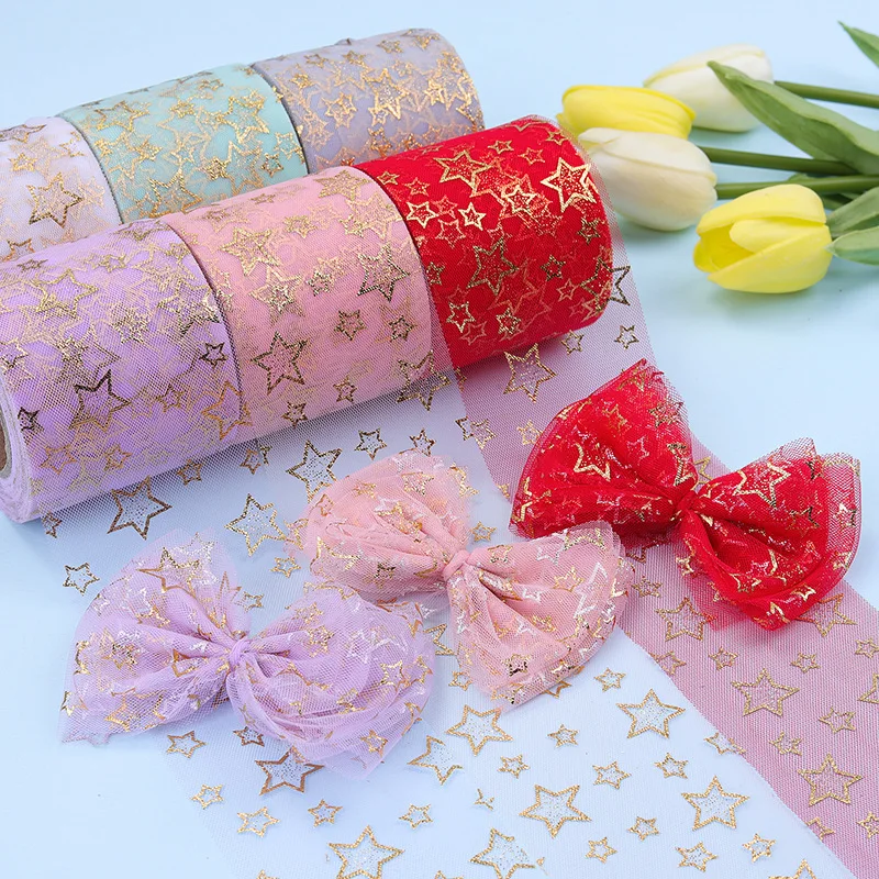 

25 Yards 6cm Wide Density Net Yarn Hollow Hot Stamping Five-Pointed Star Hair Ornament Material Bowknot Printed Yarn Roll