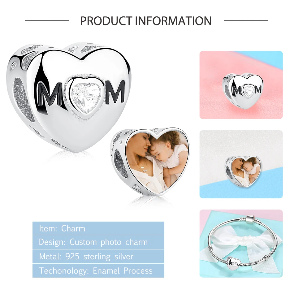 925 Sterling Silver Custom Photo Heart Charm Forever Love Mom CZ Beads Fit Original Bracelet DIY Jewelry Mother's Day Gift | Украшения